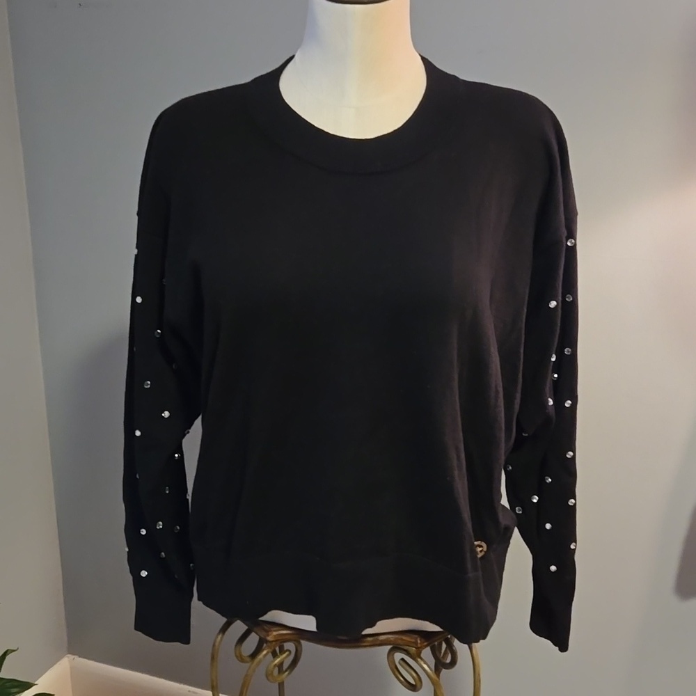 Michael Kors Stretchy Black Rhinestone Long Sleeve Designer Sweater - Size S